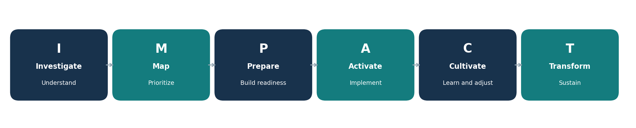 IMPACT six-phase methodology: Investigate, Map, Prepare, Activate, Cultivate, Transform