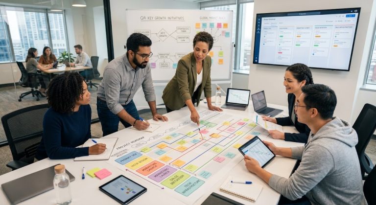 Cross-functional team mapping a project roadmap together at a table